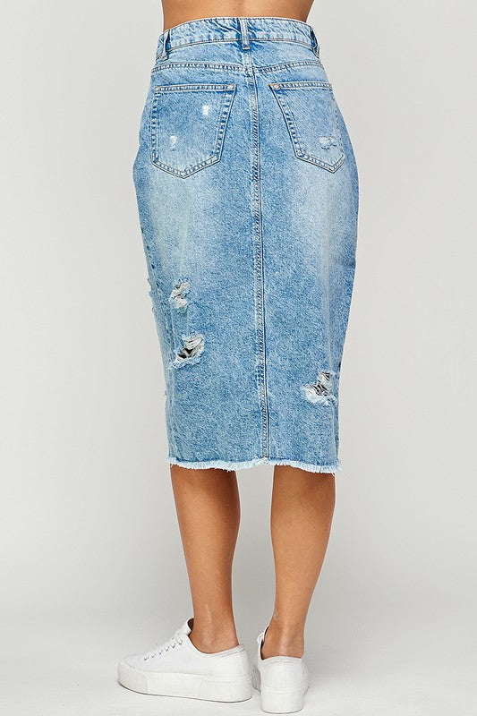 Long Denim Skirt with Distressed - Rara Boutique 