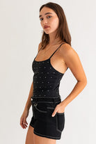 Rhinestone Tank Top Bodysuit - RARA Boutique 