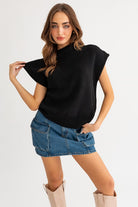 Turtle Neck Power Shoulder Sweater Vest - RARA Boutique 