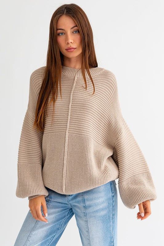 Oversized Ribbed Balloon Sleeve Knitted Sweater - Le Lis - RARA Boutique 