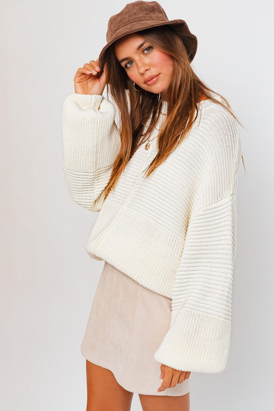 Oversized Ribbed Balloon Sleeve Knitted Sweater - Le Lis - RARA Boutique 