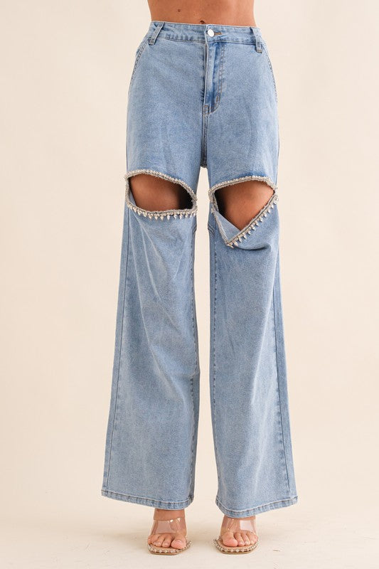 Cutout Slit Rhinestone Jeans - RARA Boutique 