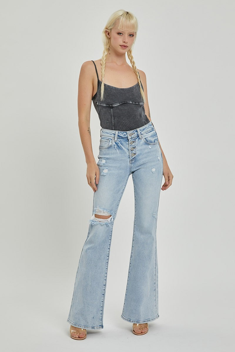 Mid Rise Button Fly Flare Jeans - Risen - RARA Boutique 