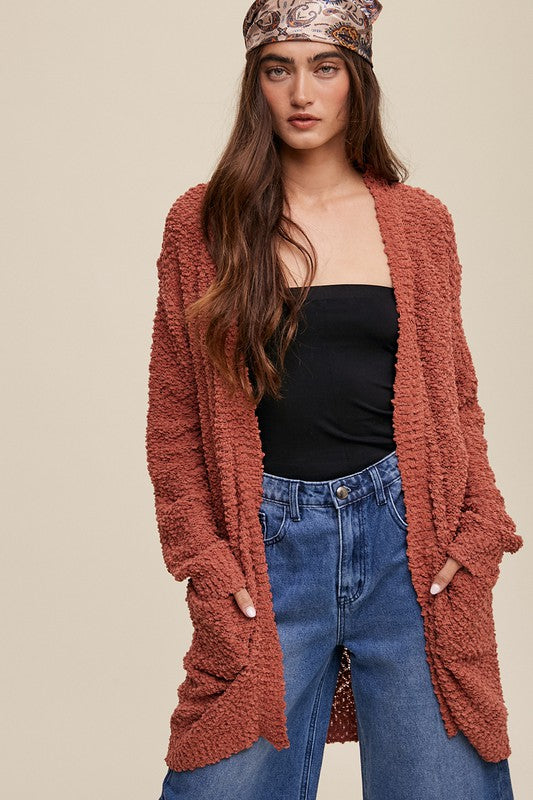 Long Popcorn Open Knit Cardigan Sweater - RARA Boutique 