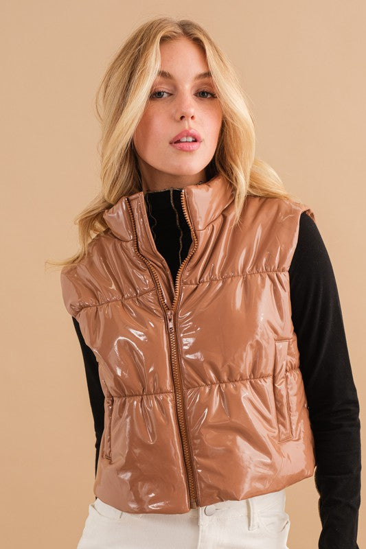 Gloss Shiny PU Quilted Puffer Zip Up Crop Vest - RARA Boutique 