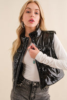 Gloss Shiny PU Quilted Puffer Zip Up Crop Vest - RARA Boutique 