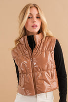 Gloss Shiny PU Quilted Puffer Zip Up Crop Vest - RARA Boutique 