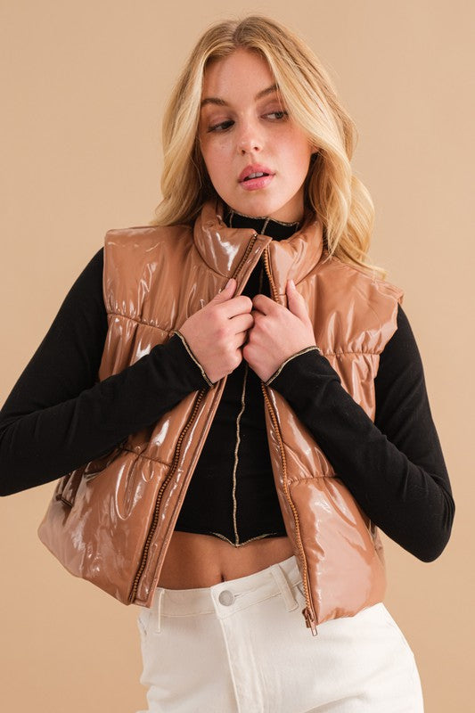 Gloss Shiny PU Quilted Puffer Zip Up Crop Vest - RARA Boutique 