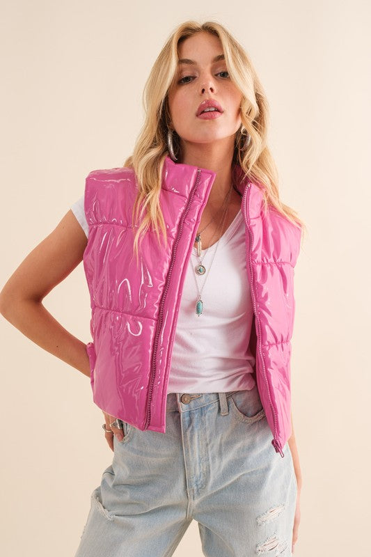 Gloss Shiny PU Quilted Puffer Zip Up Crop Vest - RARA Boutique 