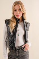 Gloss Shiny PU Quilted Puffer Zip Up Crop Vest - RARA Boutique 