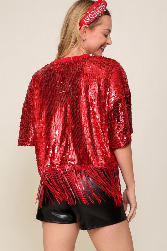 Sequin Game Day Fringe Top - RARA Boutique 