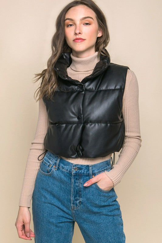 PU Faux Leather Puffer Vest With Snap Buttons - RARA Boutique 