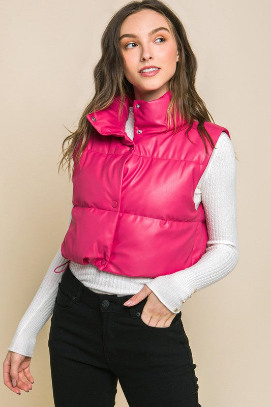 PU Faux Leather Puffer Vest With Snap Buttons - RARA Boutique 