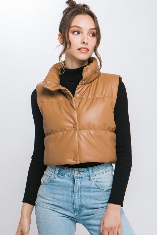 PU Faux Leather Puffer Vest With Snap Buttons - RARA Boutique 