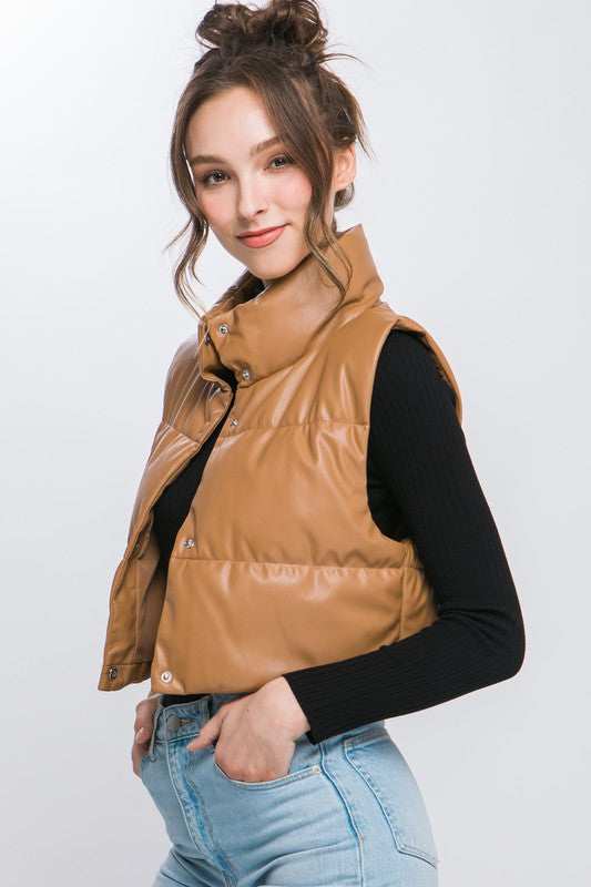 PU Faux Leather Puffer Vest With Snap Buttons - RARA Boutique 