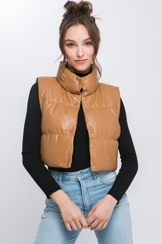 PU Faux Leather Puffer Vest With Snap Buttons - RARA Boutique 