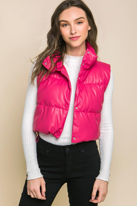 PU Faux Leather Puffer Vest With Snap Buttons - RARA Boutique 