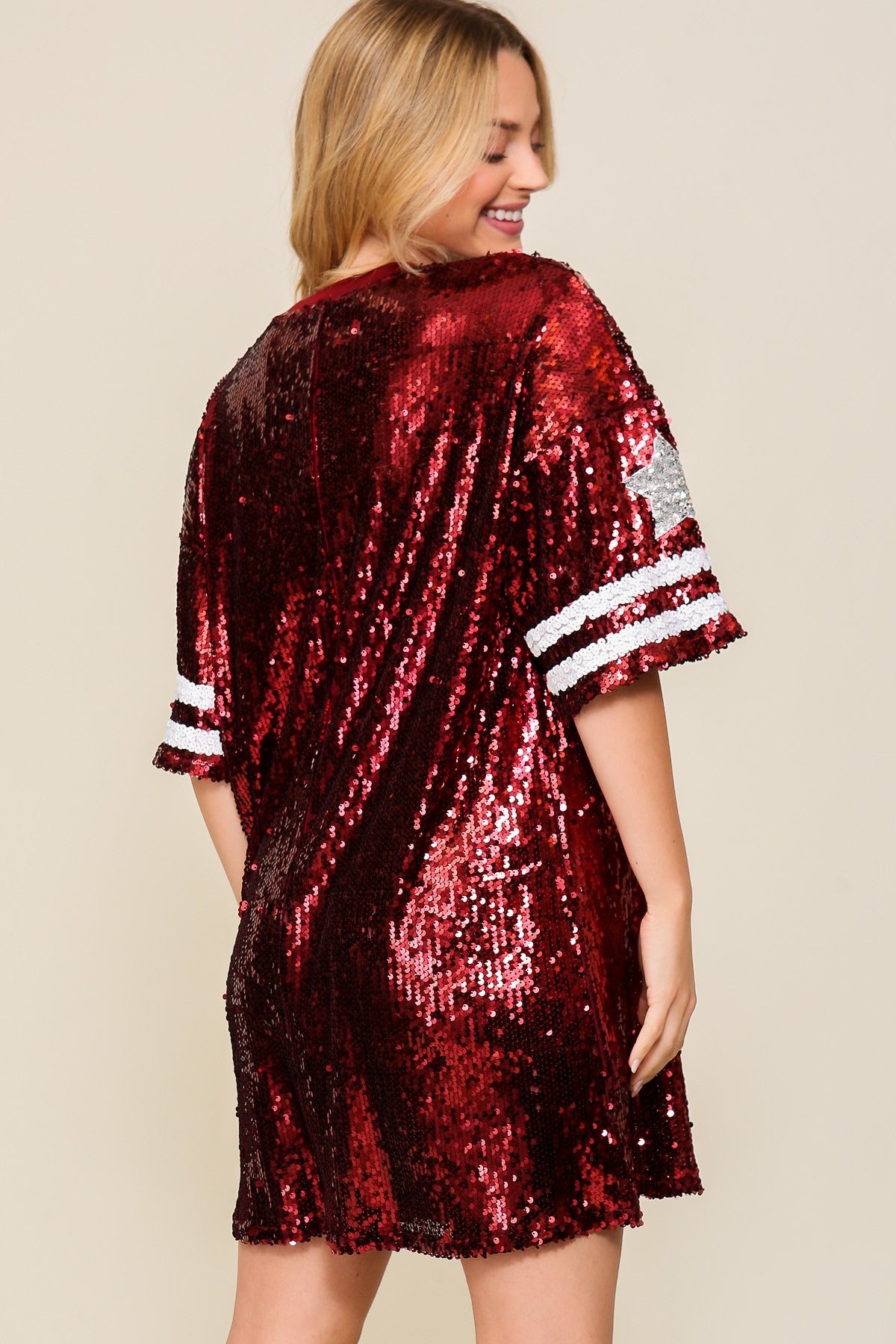 Sequin Game Day Jersey Shirt Dress by RARA Boutique, sleeveless with shiny sequin embellishments and casual fit.