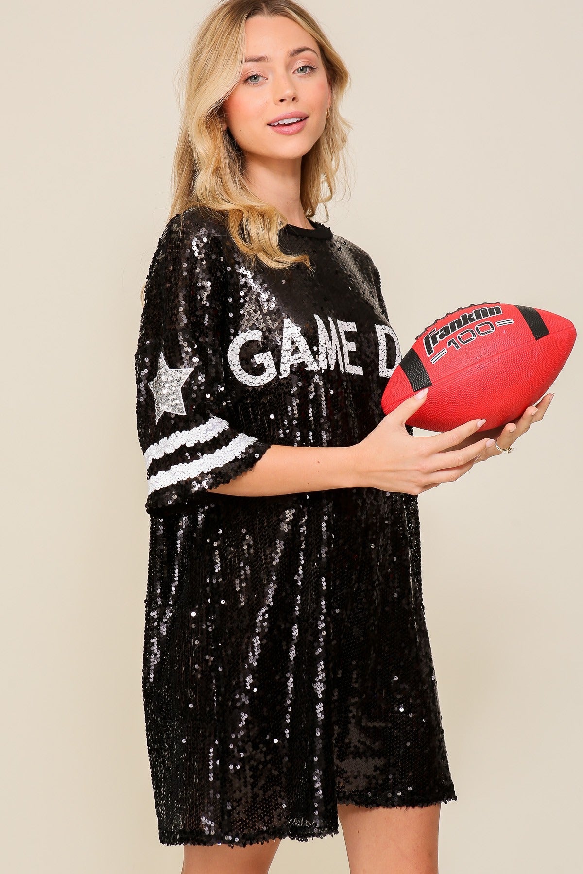 Sequin Game Day Jersey Shirt Dress by RARA Boutique featuring shiny sequins and a relaxed fit, perfect for sports events.