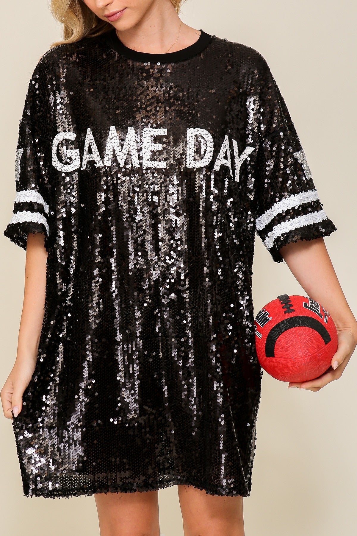 Sequin game day jersey shirt dress by RARA Boutique featuring a sporty, stylish design perfect for casual and game day wear.