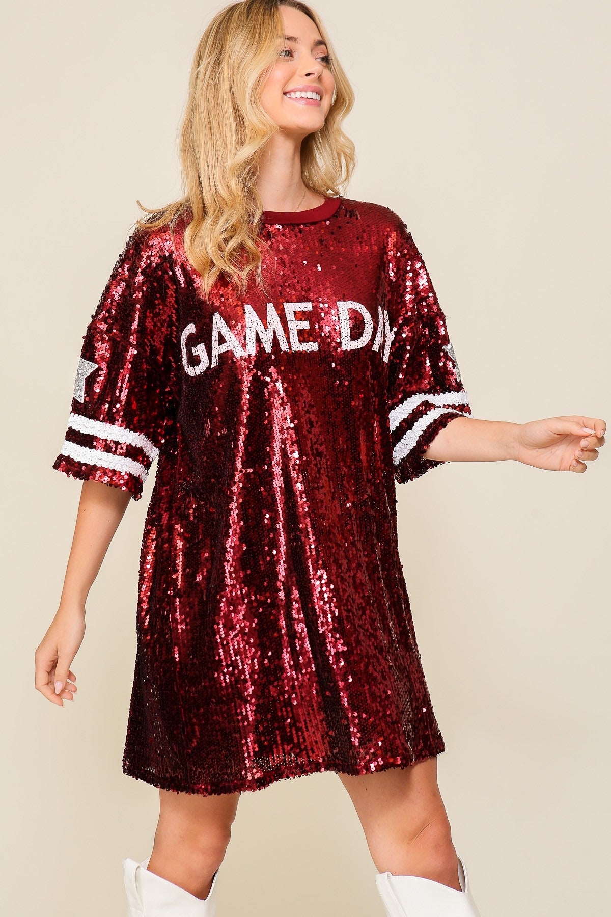 Sequin game day jersey shirt dress by RARA Boutique featuring shiny sequins and a casual fit for sports events or casual wear.