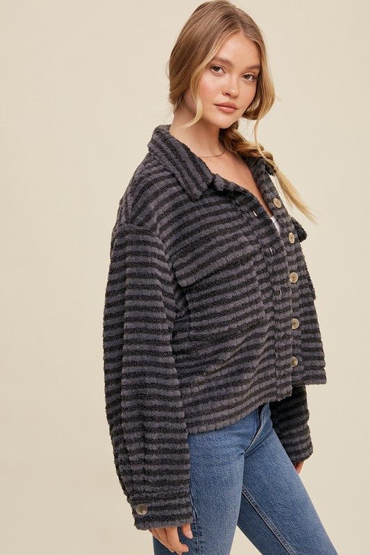 Striped Fleece Shacket with Collar - RARA Boutique 