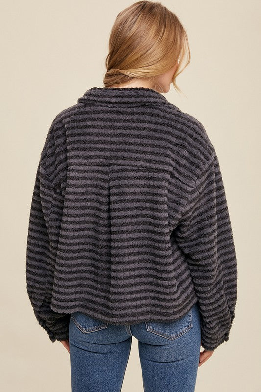 Striped Fleece Shacket with Collar - RARA Boutique 