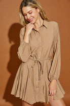 Braided Belt Button Down Shirt Dress - RARA Boutique 