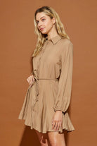 Braided Belt Button Down Shirt Dress - RARA Boutique 