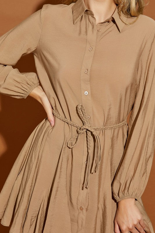 Braided Belt Button Down Shirt Dress - RARA Boutique 