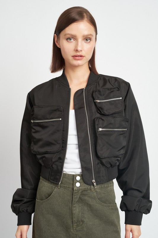 Cropped Cargo Pocket Bomber Jacket