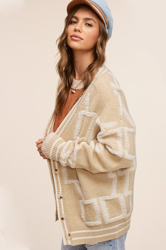 Textured Geometric Print Cardigan - RARA Boutique 