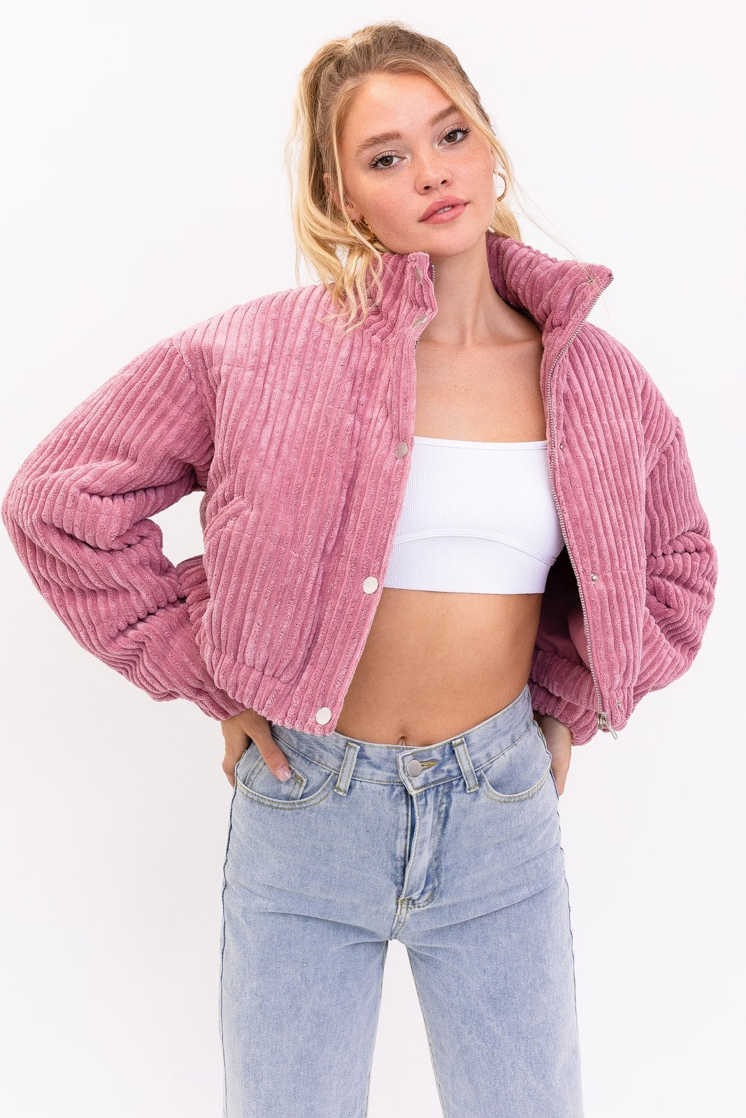 Le Lis cropped corduroy puffer jacket by RARA Boutique, shown in a stylish, close-up view highlighting the textured fabric and design.