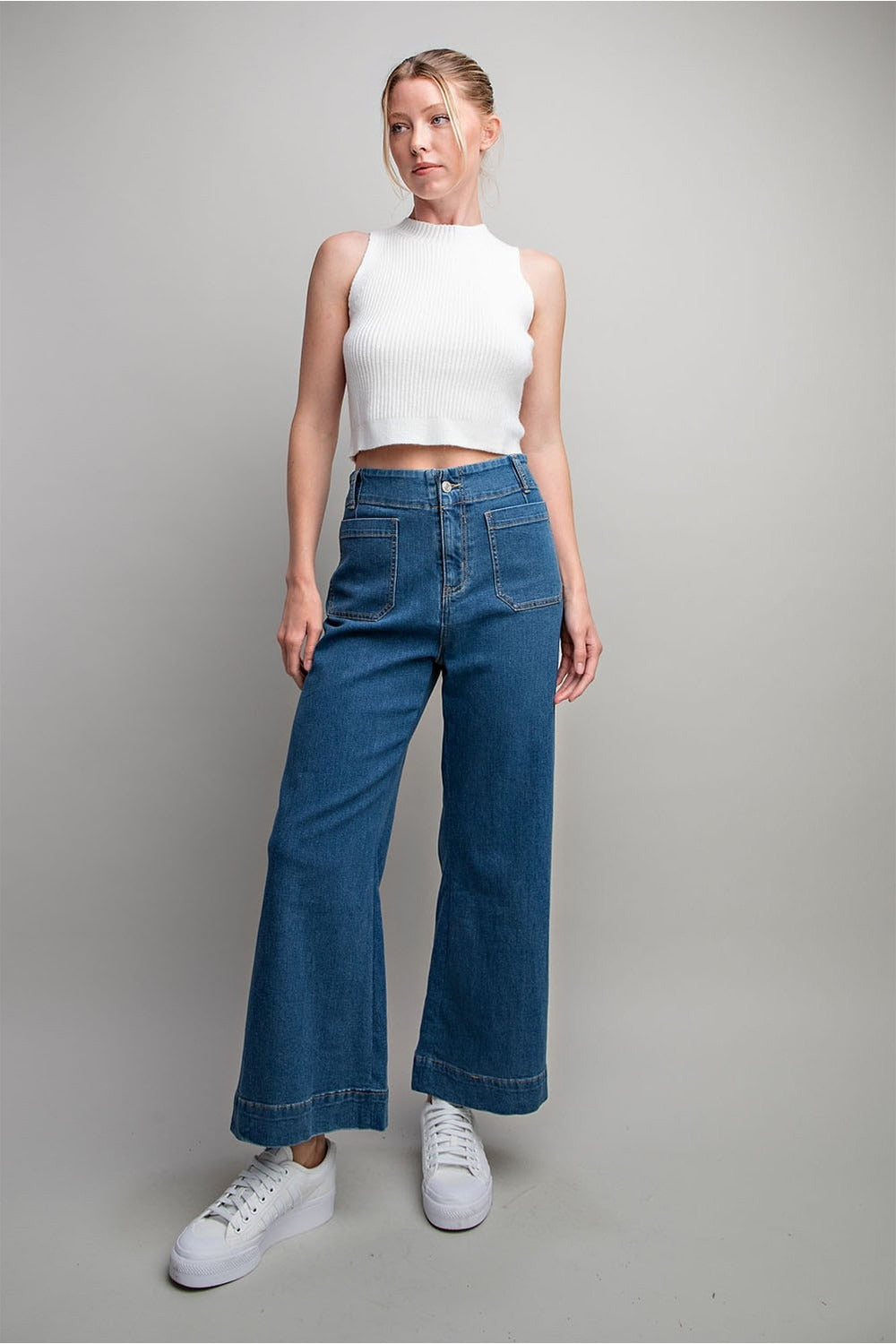 Denim Soft Wash Wide Leg Pants with Patch Pockets - eesome - RARA Boutique 