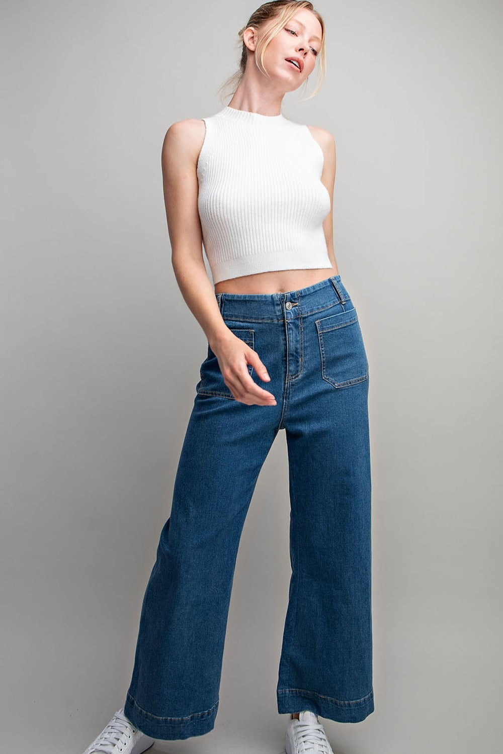 Denim Soft Wash Wide Leg Pants with Patch Pockets - eesome - RARA Boutique 