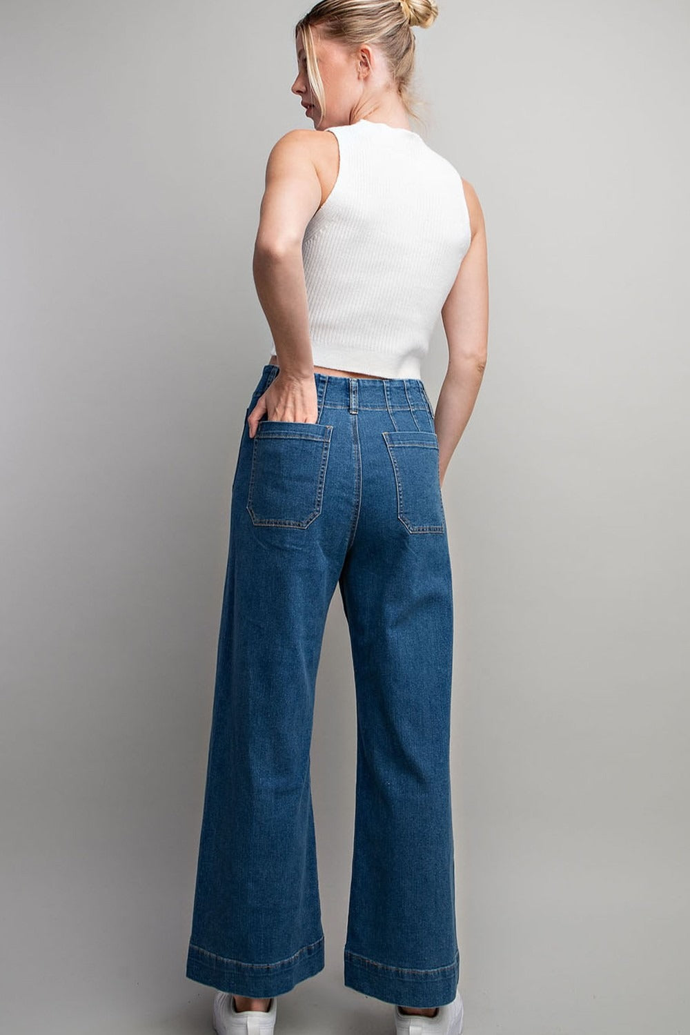 Denim Soft Wash Wide Leg Pants with Patch Pockets - eesome - RARA Boutique 