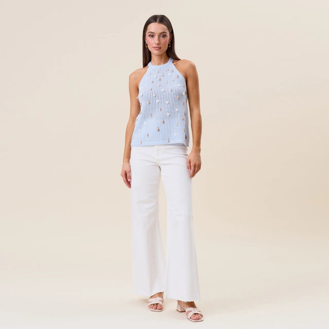 Seashell embellished open-knit halter tank top by RARA Boutique, featuring a stylish design with seashell accents and open knit pattern.