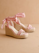 RARA Boutique Gingham Espadrille Wrap Wedge Sandals featuring ankle ties and woven jute sole for summer style.