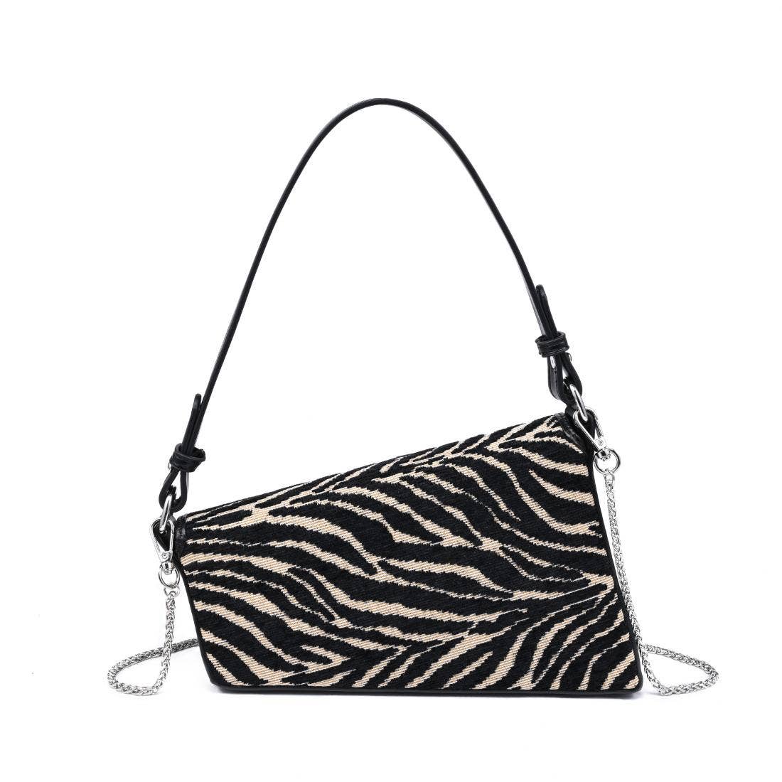 Urban Expressions Fatima zebra shoulder bag with adjustable strap and textured black and white zebra pattern.