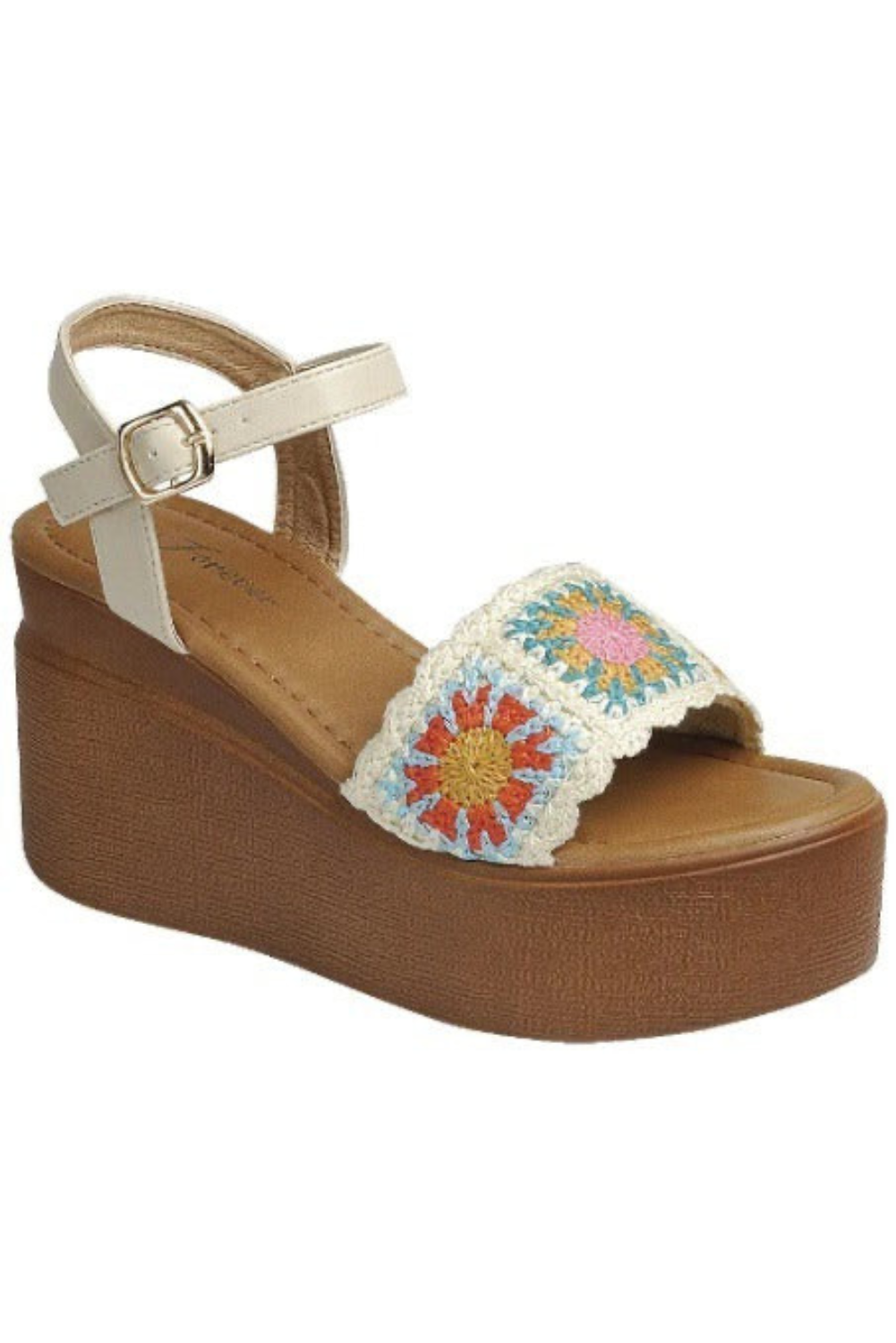 RARA Boutique Granny Square crochet wedge sandals with colorful woven straps and cork wedge heel, stylish and comfortable for summer.