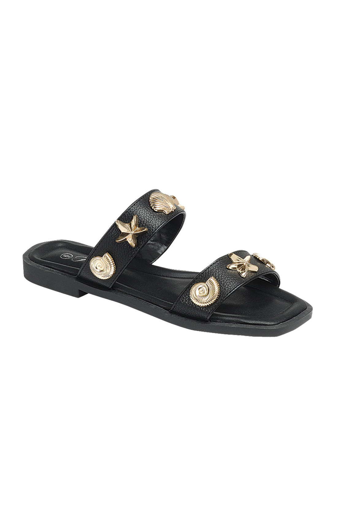 RARA Boutique nautical seashell charm double strap slide sandals showing beige straps and seashell accents on the footwear.