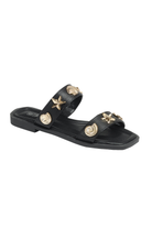 RARA Boutique nautical seashell charm double strap slide sandals showing beige straps and seashell accents on the footwear.