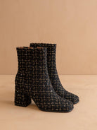 Black tweed woven block heel ankle boot from Oasis Society featuring stylish fall footwear with a sleek ankle design.