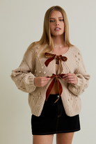 Velvet Bow Front Pom Pom Knit Chunky Cardigan - Le Lis - RARA Boutique 