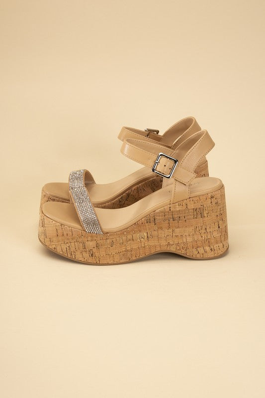 Rhinestone Strap Cork Wedges - RARA Boutique 