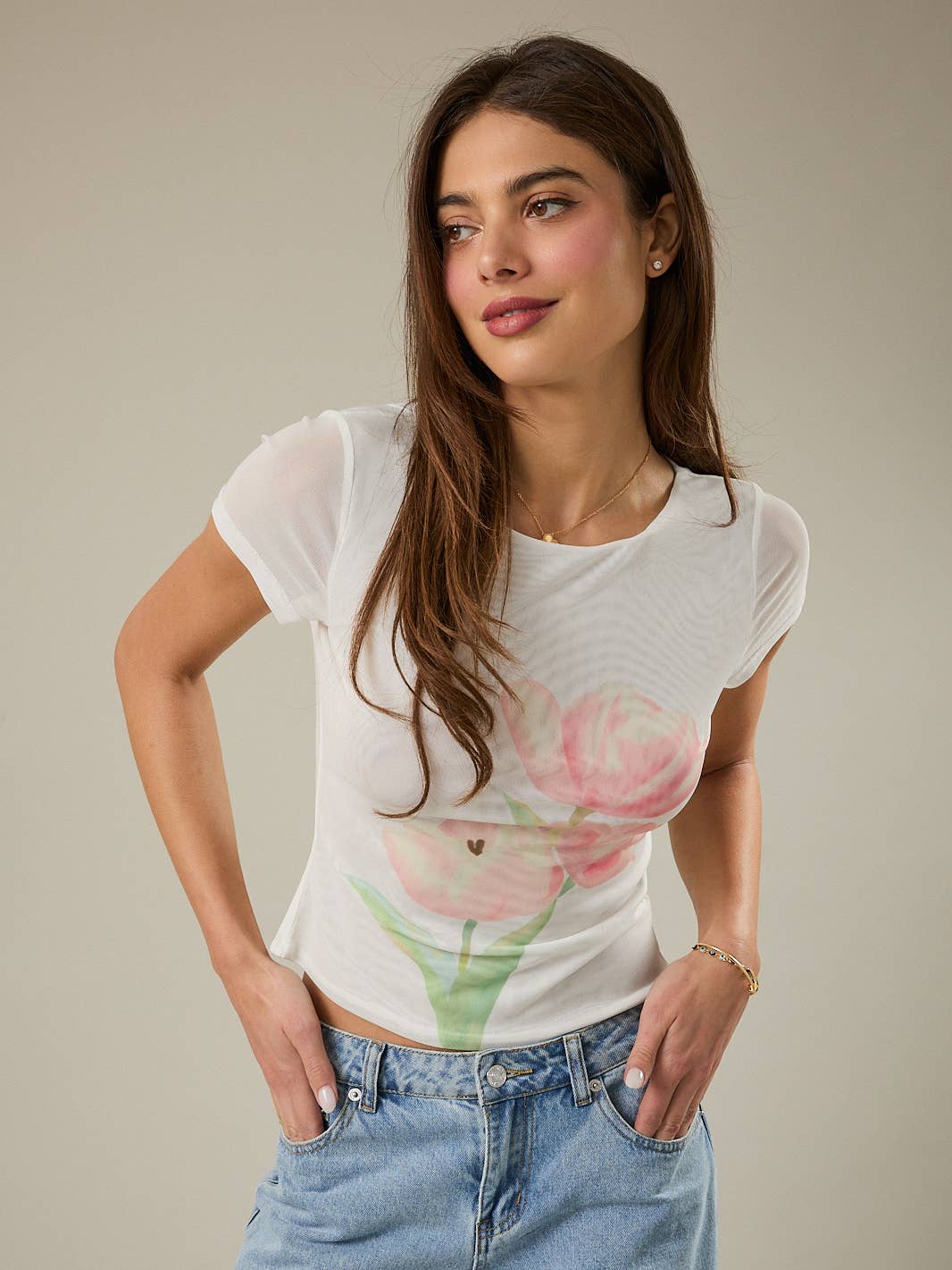 RARA Boutique boat neck floral graphic mesh blouse with long sleeves and lightweight, semi-sheer fabric.