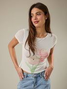 RARA Boutique boat neck floral graphic mesh blouse with long sleeves and lightweight, semi-sheer fabric.