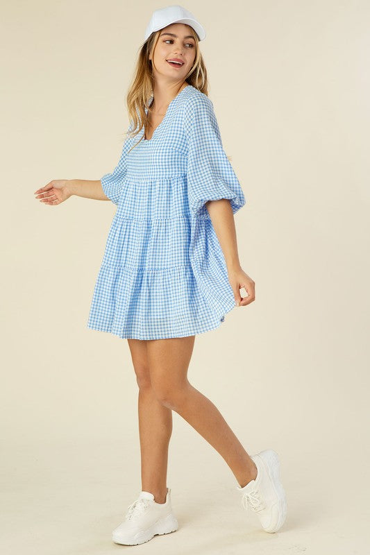 Gingham Checked Tiered Dress - RARA Boutique 