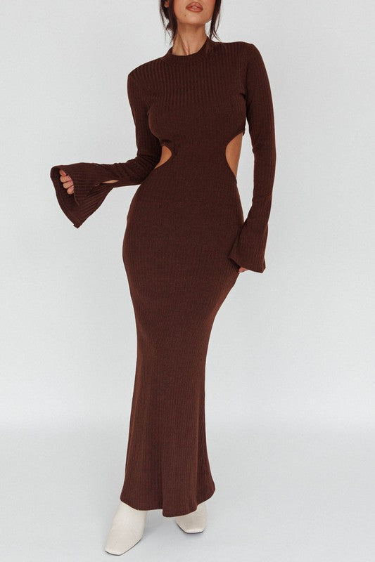 Long Bell Sleeve Cut Out Knit Maxi Dress - RARA Boutique 