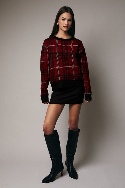 Plaid Long Sleeve Knit Christmas Sweater - Sunday Edition - RARA Boutique 